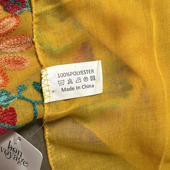 bon voyage Gold Orange Fuchsia Pink Teal Floral Embroidered Scarf Wrap - Picture 5 of 8